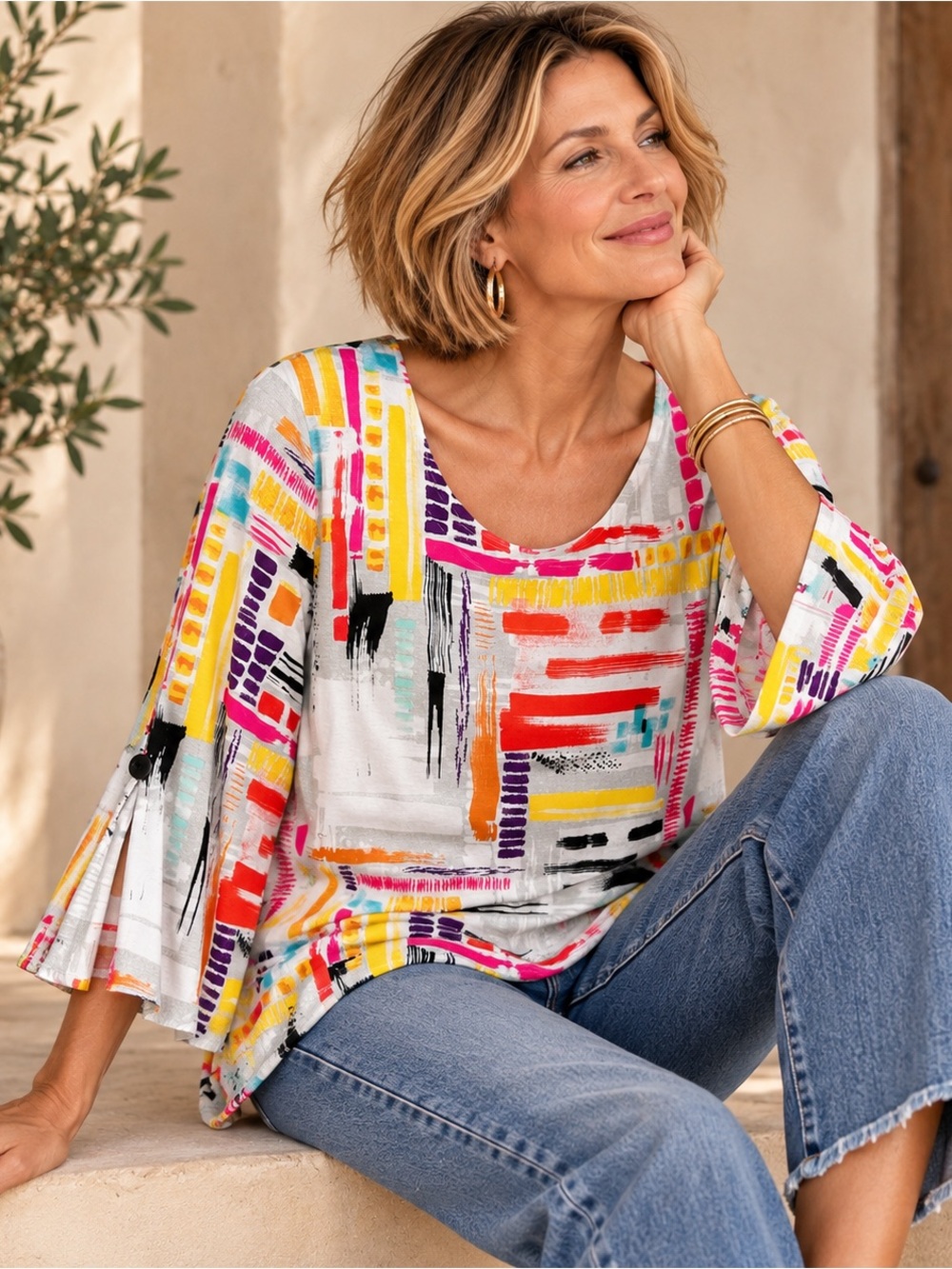 Habitat Abstract Geometric Print Tunic Top Bell Sleeve Artsy Stretch Boho XL